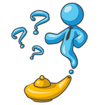 Clip Art Graphic of a Sky Blue Guy Character Emerging From a Genie Lamp