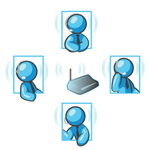 Clip Art Graphic of Sky Blue Guy Characters Having Conversations With Headsets