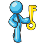 Clip Art Graphic of a Sky Blue Guy Character Standing With a Key