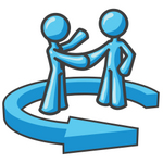 Clip Art Graphic of Sky Blue Guy Characters Shaking Hands in an Arrow
