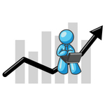 Clip Art Graphic of a Sky Blue Guy Character on a Bar Graph, Using a Notebook Computer