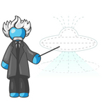 Clip Art Graphic of a Sky Blue Guy Character as Einstein Pointing to a UFO