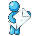 Clip Art Graphic of a Sky Blue Guy Character Holding an Envelope
