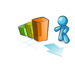Clip Art Graphic of a Sky Blue Guy Character With a Bar Graph