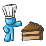 Clip Art Graphic of a Sky Blue Guy Character Chef With Chocolate Cake