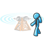 Clip Art Graphic of a Sky Blue Guy Character Talking on a Phone by a Tower