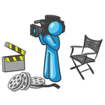 Clip Art Graphic of a Sky Blue Guy Character Filming a Movie