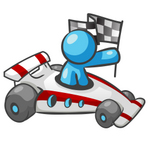 Clip Art Graphic of a Sky Blue Guy Character Racing a Car