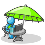 Clip Art Graphic of a Sky Blue Guy Character Working Under an Umbrella