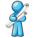 Clip Art Graphic of a Sky Blue Guy Character Holding Scrolled Blueprints