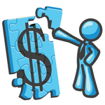 Clip Art Graphic of a Sky Blue Guy Character Assembling a Puzzle