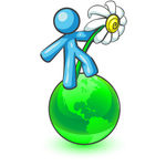 Clip Art Graphic of a Sky Blue Guy Character Holding a Daisy on a Globe