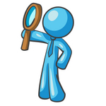 Clip Art Graphic of a Sky Blue Guy Character Holding up a Magnifying Glass