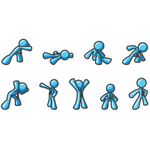 Clip Art Graphic of a Sky Blue Guy Character in Different Poses