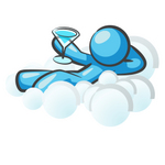 Clip Art Graphic of a Sky Blue Guy Character Drinking on a Cloud