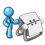 Clip Art Graphic of a Sky Blue Guy Character With an Index Card File