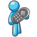Clip Art Graphic of a Sky Blue Guy Character Holding a Remote Control