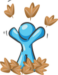 Clip Art Graphic of a Sky Blue Guy Character Throwing Leaves