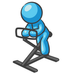 Clip Art Graphic of a Sky Blue Guy Character on a Stationary Bike
