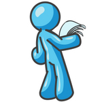 Clip Art Graphic of a Sky Blue Guy Character Reading a Notice