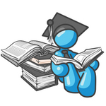 Clip Art Graphic of a Sky Blue Guy Character Graduate Reading
