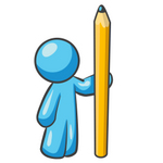 Clip Art Graphic of a Sky Blue Guy Character With a Pencil