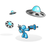 Clip Art Graphic of a Sky Blue Guy Character With UFOs