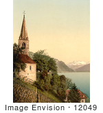 #12049 Picture Of A Church On Geneva Lake Dent Du Midi Mountains