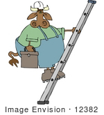 #12382 Construction Worker Cow On A Ladder Clipart