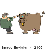 #12405 Farmer Pulling On A Bull Clipart