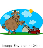 #12411 Cow Mowing A Lawn Clipart