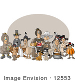 #12553 Pilgrims Dogs And Native American Indians On Thanksgiving Clipart