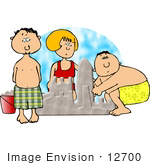 #12700 Two Boys And A Girl Building A Sand Castle Clipart