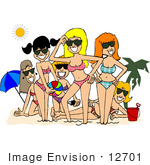 #12701 6 Bathing Beauties On A Beach Clipart