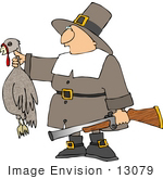 #13079 Pilgrim Holding A Dead Turkey And Rifle Clipart