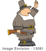 #13081 Pilgrim Holding A Rifle One Hand In The Air Clipart