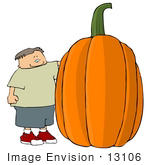 #13106 Cacuasian Boy Standing By A Giant Pumpkin Clipart Illustration
