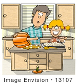 #13107 Brother And Sister Carving Halloween Pumpkins And Making Pumpkin Seeds Clipart