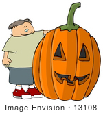 #13108 Caucasian Boy With Giant Carved Pumpkin Clipart