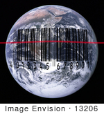 #13206 Picture Of A Black Barcode And Scan Laser Over Earth