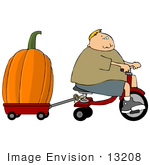 #13208 Boy Hauling A Giant Pumpkin With A Tricycle And Red Wagon Clipart