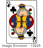 #13225 Playing Card Of The Queen Of Clubs Holding A Rose Clipart