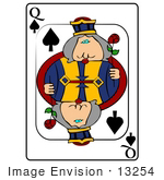 #13254 Playing Card Of The Queen Of Spades Holding A Rose Clipart