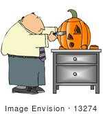 #13274 Middle Aged Caucasian Business Man Carving A Halloween Pumpkin Clipart