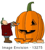 #13275 Middle Aged Caucasian Man Carving A Halloween Pumpkin With A Chainsaw Clipart