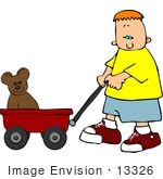 #13326 Boy Pulling A Teddy Bear In A Red Wagon Clipart