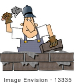 #13335 Middle Aged Caucasian Brick Mason Man Laying Bricks Clipart