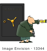 #13344 Man Standing In Front Of A Safe With A Flashlight And Gun Clipart