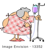 #13352 Senior Woman In Hospital Gown Using Cane And Iv Clipart