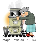 #13364 Old Caucasian Woman Using A Very Old Wood Kitchen Stove Clipart